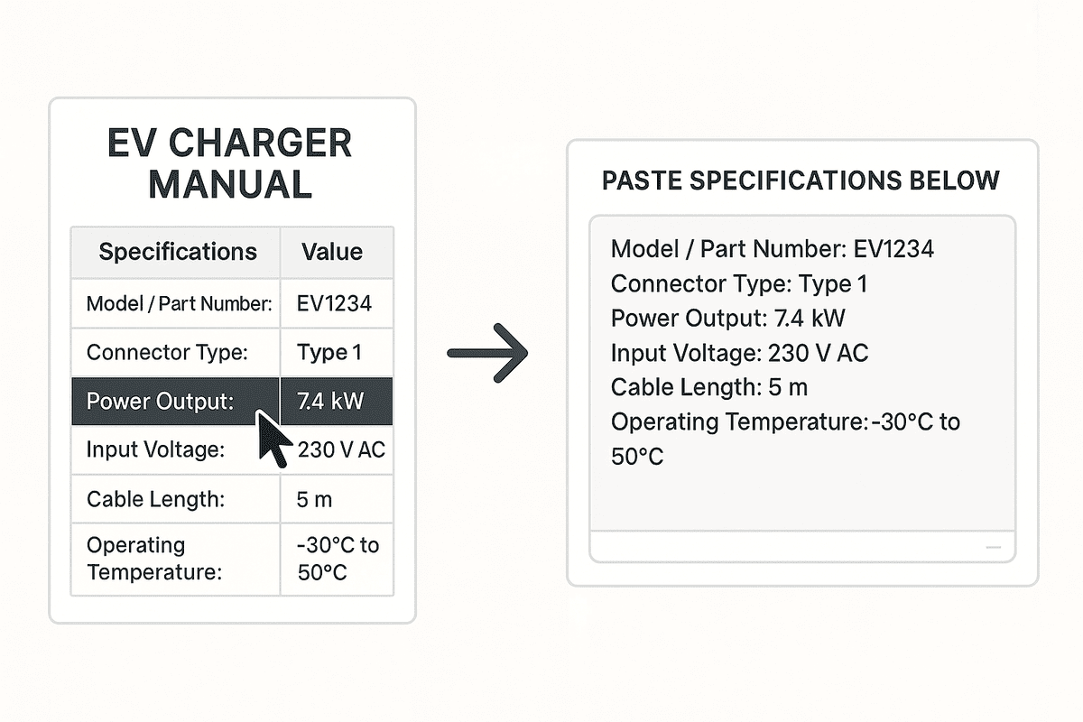 Visual guide for copying and pasting specifications