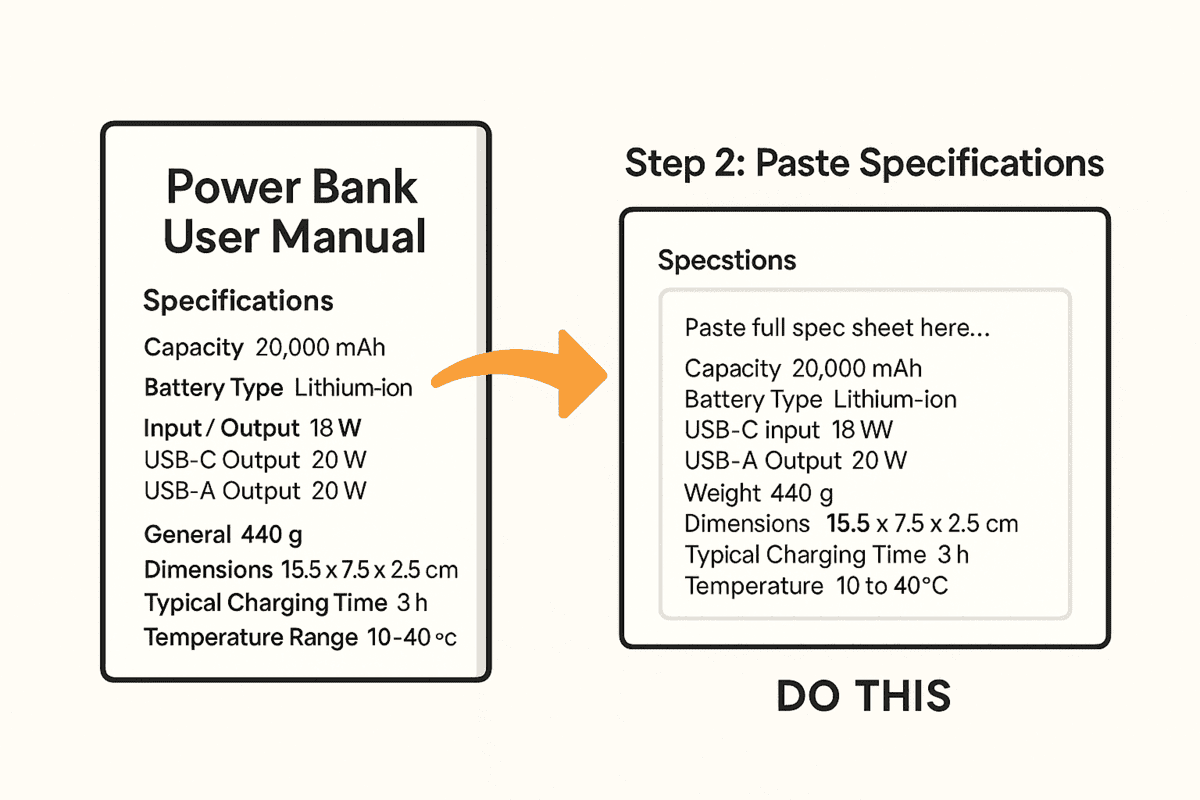 Visual guide for copying and pasting specifications