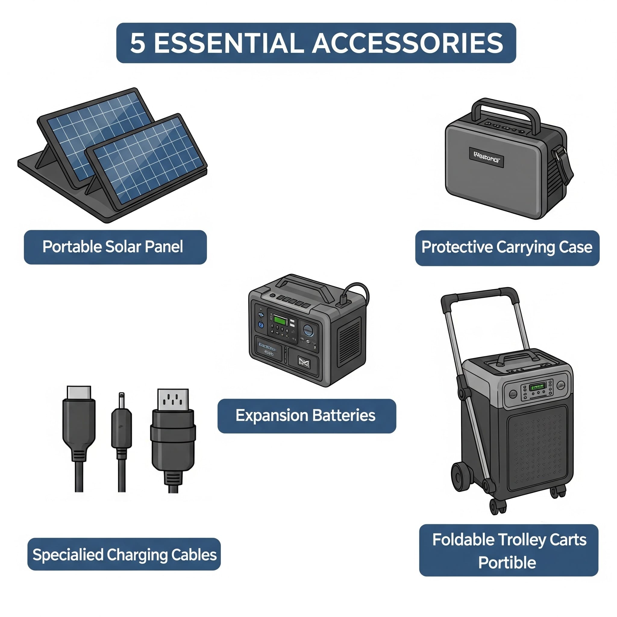 Essential portable power station accessories infographic