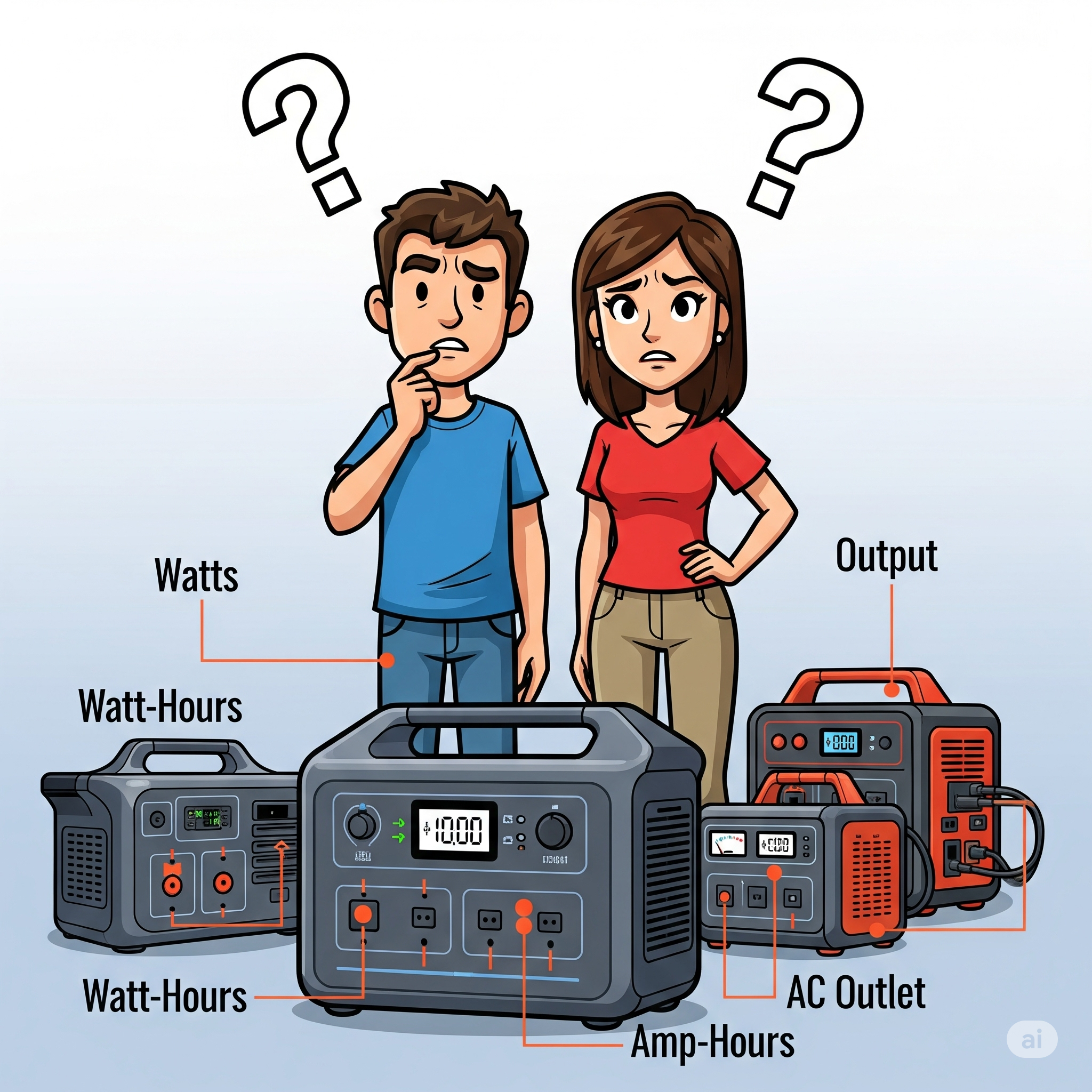 Infographic explaining watts, watt-hours, and amp-hours