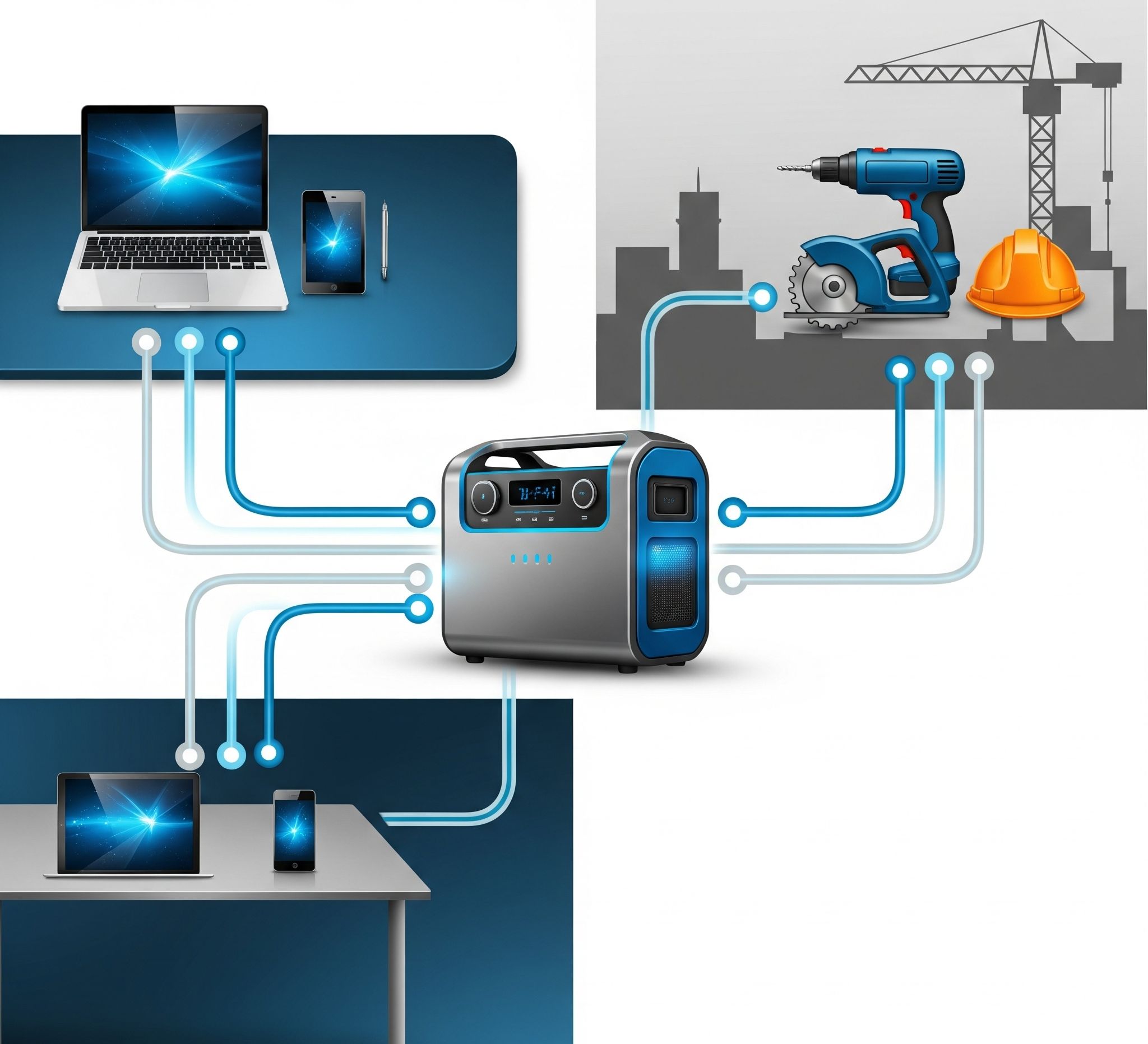 Professional power toolkit infographic for mobile offices and construction sites